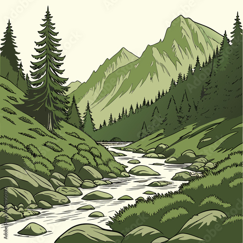 Green mountain river valley with pine trees and rocks