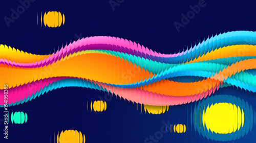 Foto Vibrant wavy lines and colorful orbs on dark blue background