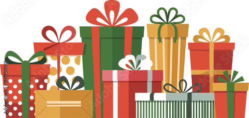 Colorful illustration of various gift boxes and ribbons showcasing festive packaging and celebratory atmosphere from a front viewpoint.