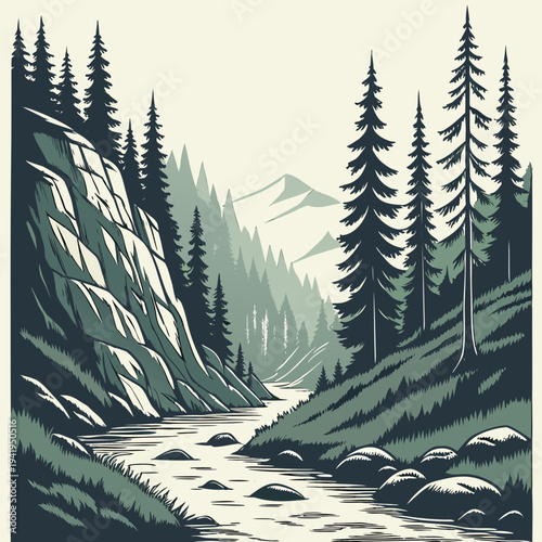 Serene mountain river landscape with pine trees and rocky cliffs