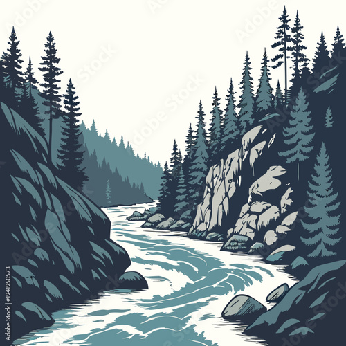 Glacial river flowing through rocky landscape with coniferous trees