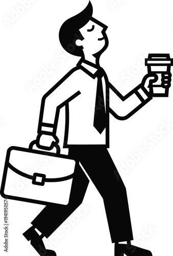 A businessman walks with briefcase and coffee cup in hand, illustrated in a simple black and white style, wqe (721) reference