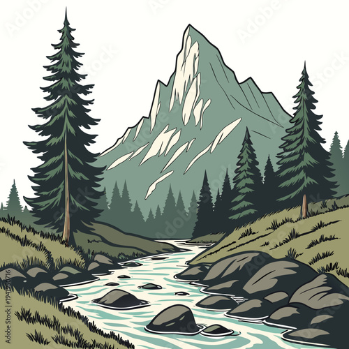 Serene mountain landscape with river and pine trees 5