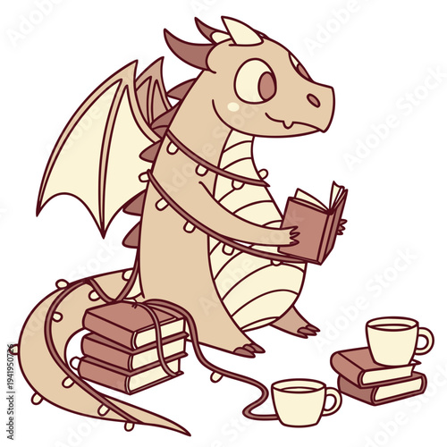 Creative SVG: Curious Dragon with wrapped in fairy lights in a Cozy Reading colored Bookworm Day theme