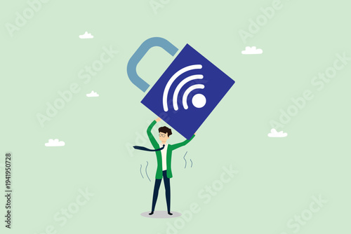 Businessman Holding Giant Wi-Fi Padlock for Secure Networking