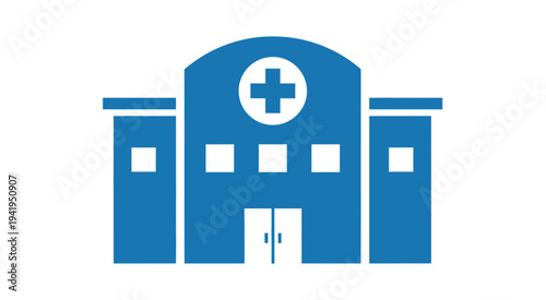 Blue hospital building icon with a medical cross