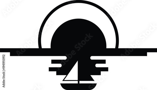 Sailing boat moves across serene water under setting sun with geometric shapes wqe (725)