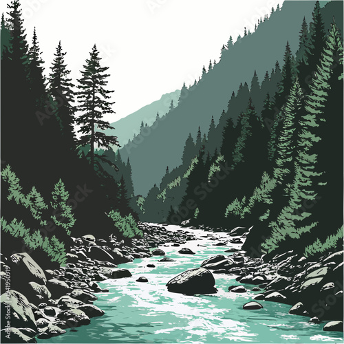 Rocky mountain river with pine trees and boulders rocks 1
