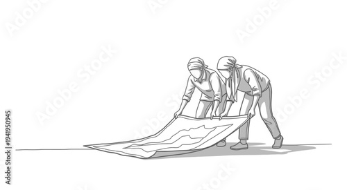 Two people unfolding a large map together