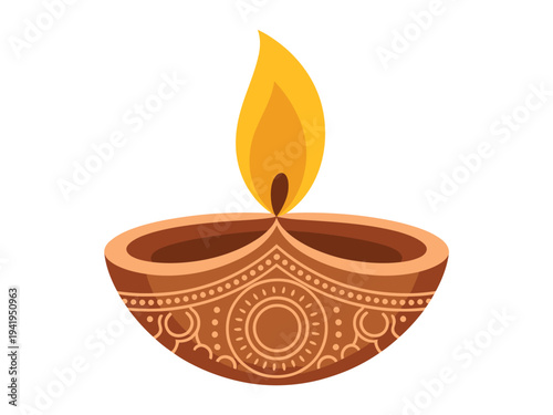 Ornate brown clay oil lamp or diya with a bright yellow flame burning brightly on a white surface.