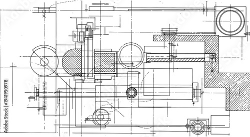 Mechanical assembly drawing with various components and dimensions