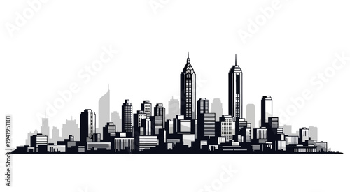 Monochrome cityscape with skyscrapers and urban architecture