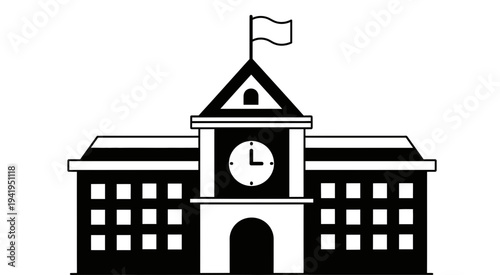 A black and white illustration of a school building with a clock tower