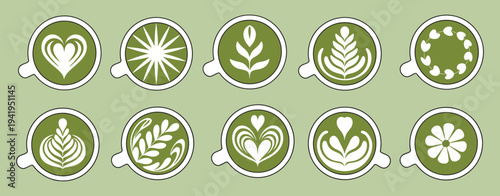 Matcha Latte Art Illustration Set, Green Tea Cup Top View Vector Collection with Creative Foam Designs, Japanese Matcha Beverage Concept, Cafe Drink Menu Graphics, Trendy Coffee Shop Illustration
