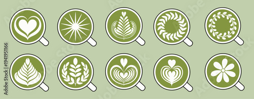 Matcha Latte Art Illustration Set, Green Tea Cup Top View Vector Collection with Creative Foam Designs, Japanese Matcha Beverage Concept, Cafe Drink Menu Graphics, Trendy Coffee Shop Illustration