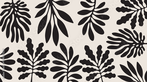 Elegant black and white leaf pattern with intricate organic design elements. Vector illustration
