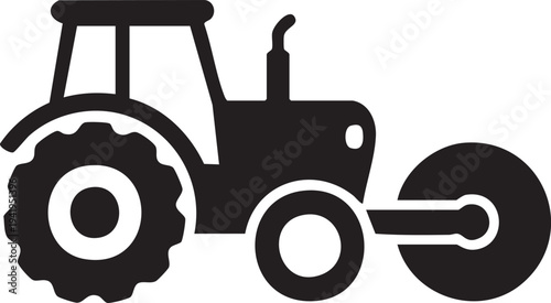 Black silhouette tractor pulling land roller pack roller, farm machinery vector illustration, agricultural soil compaction equipment, tractor with Cambridge roller side view icon, farming glyph
