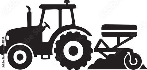 Black silhouette tractor with seed drill planter sowing, farm machinery vector illustration, agricultural seeding equipment, tractor pulling row crop planter side view icon, farming glyph