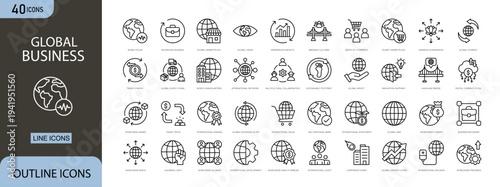 Global business icons set showing international trade, global markets, communication, partnership, finance and worldwide corporate operations.