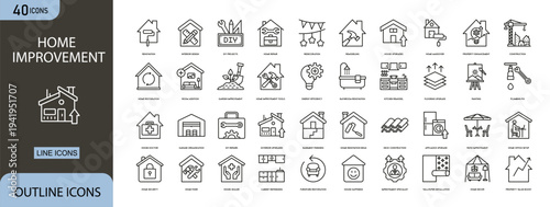 Home improvement icons set showing renovation tools, repair, painting, construction, decoration, maintenance and house upgrade concepts.