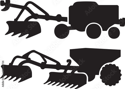 Black silhouette tractor pulling manure spreader fertilizer spreader, farm machinery vector illustration, agricultural spreading equipment, rural farming tractor with spreader side view icon, agricult
