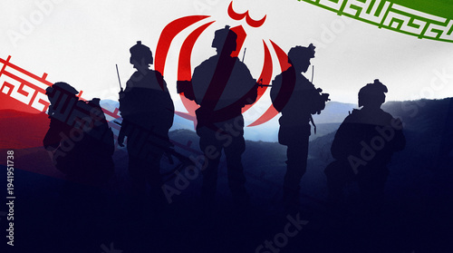 Conflict between Iran and USA highlighted through silhouette of soldiers and national colors
