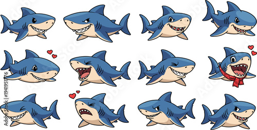 Cute cartoon shark character set with funny facial expressions smiling laughing angry and love emotions vector illustration