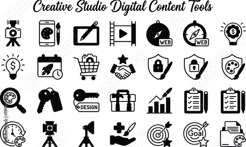 Creative Studio Digital Content Tools Icon Set for Graphic Design Video Production Artistic Workflow and Media Strategy 4k
