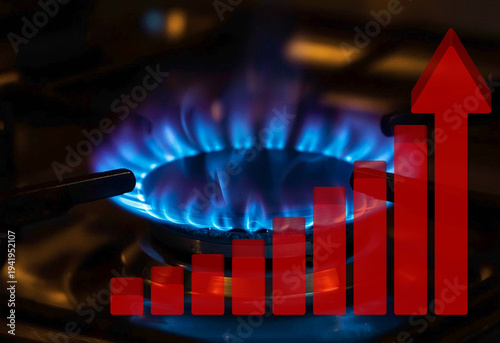 Natural Gas Price Hike and Energy Crisis Concept: Blue Gas Stove Burner with Red Bar Chart and Upward Arrow representing Inflation, High Utility Bills, and Rising Costs in Global Economy