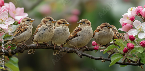 a group of small, adorable sparrows perch on a branch and gaze at the pink flowers in spring, with a blurred green background