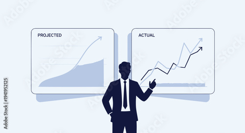 Vector illustration of businessman analyzing projected and actual growth charts