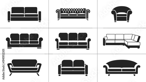 A grid of nine distinct black silhouette representing various styles and types of sofas and couches for interior inspiration