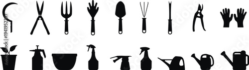 Assortment of black silhouette featuring essential gardening tools and equipment for cultivation and plant care