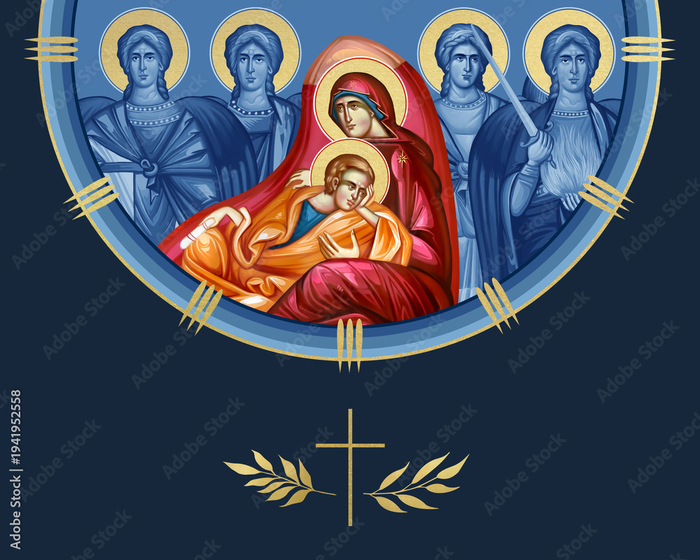 Naklejka premium Jesus Christ- Eye of Providence and four cardinal points (Archangel Gabriel, Uriel, Raphael and Michael). Illustration in Byzantine style isolated