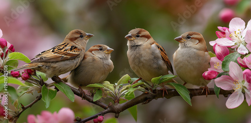 a group of small, adorable sparrows perch on a branch and gaze at the pink flowers in spring, with a blurred green background
