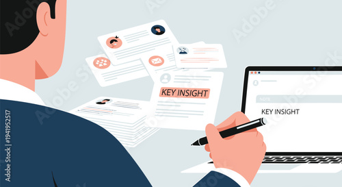 Vector illustration of businessperson analyzing key insights on laptop