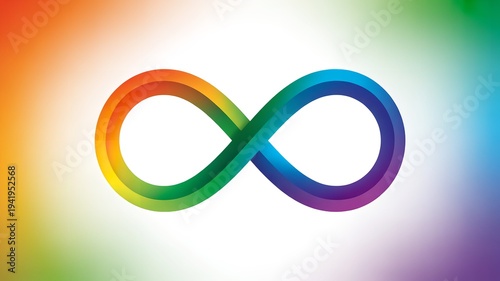 Vibrant rainbow infinity symbol on white background with colorful gradient representing diversity and inclusivity