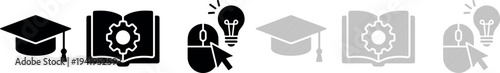 E-learning icons set including graduation cap, book, lightbulb, speech bubble, computer screen and certificate, black and white logo elements for educational websites and digital learning platforms.