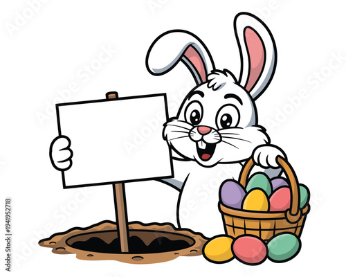 Cartoon Easter bunny rabbit holding blank sign and basket full of colorful eggs near hole.