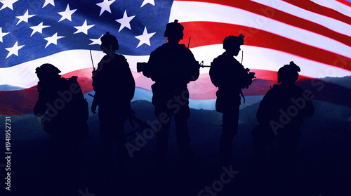 Bild auf Leinwand Soldiers stand in front of flags representing Iran and the USA during ongoing co