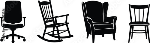 Collection of black silhouette of different types of chairs including an office chair rocking chair armchair and dining chair