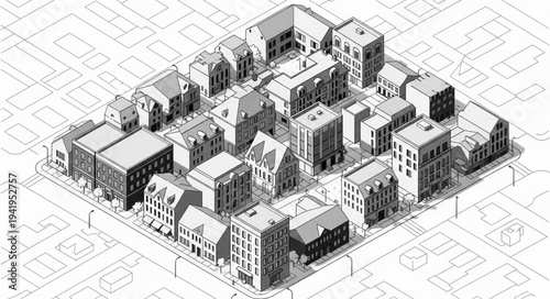 Architectural Rendering of a Dense Urban Block.