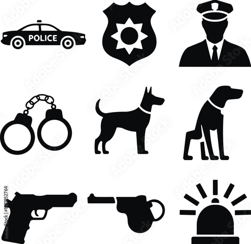 Collection of black police including car, badge, officer, handcuffs, dogs, and firearms on a white background
