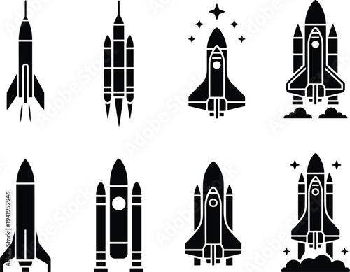 Collection of black silhouette representing various rocket and space shuttle against a white background