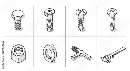Detailed collection of various screws bolts and tools in black and