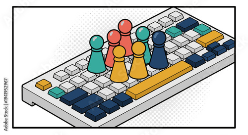 Isometric pawns on keyboard: strategic business technology concept