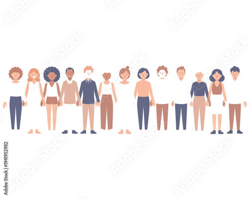 Diverse group of people standing shoulder to shoulder holding hands in a line illustration.