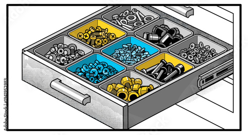 Organized tool drawer in pop art style with color-coded compartments
