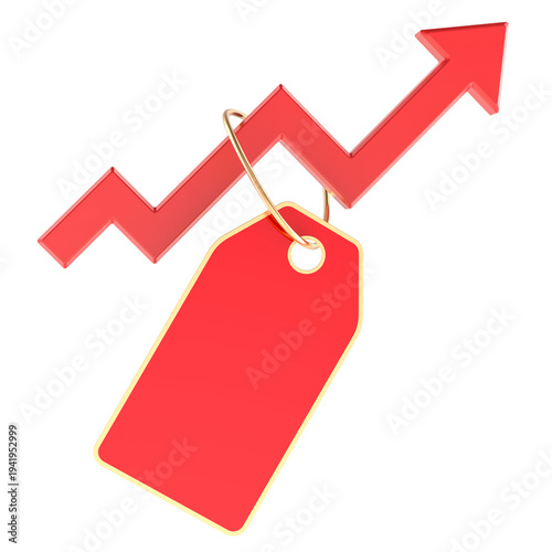 Rising price tag with upward arrow, inflation and cost increase concept. 3d rendering