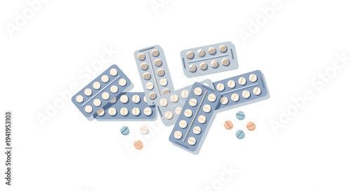 Minimalistic medication blister packs and pills on white background